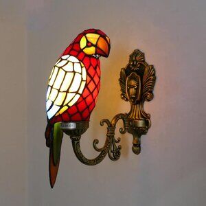 NEW! Tiffany Red Parrot Wall Light Handmade Stained Glass Gooseneck Wall Sconce